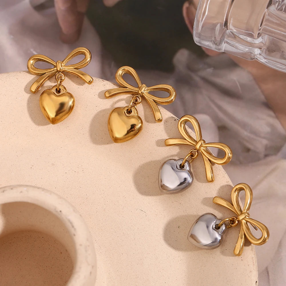 Bow Heart Drop Earrings