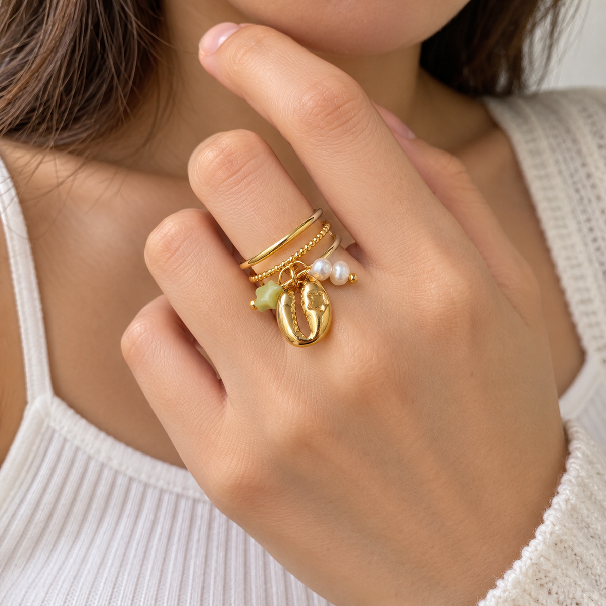 Seashell Layered Ring worn by a model