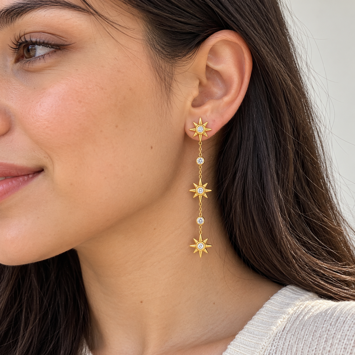 Starfall Drop Earrings worn by a model